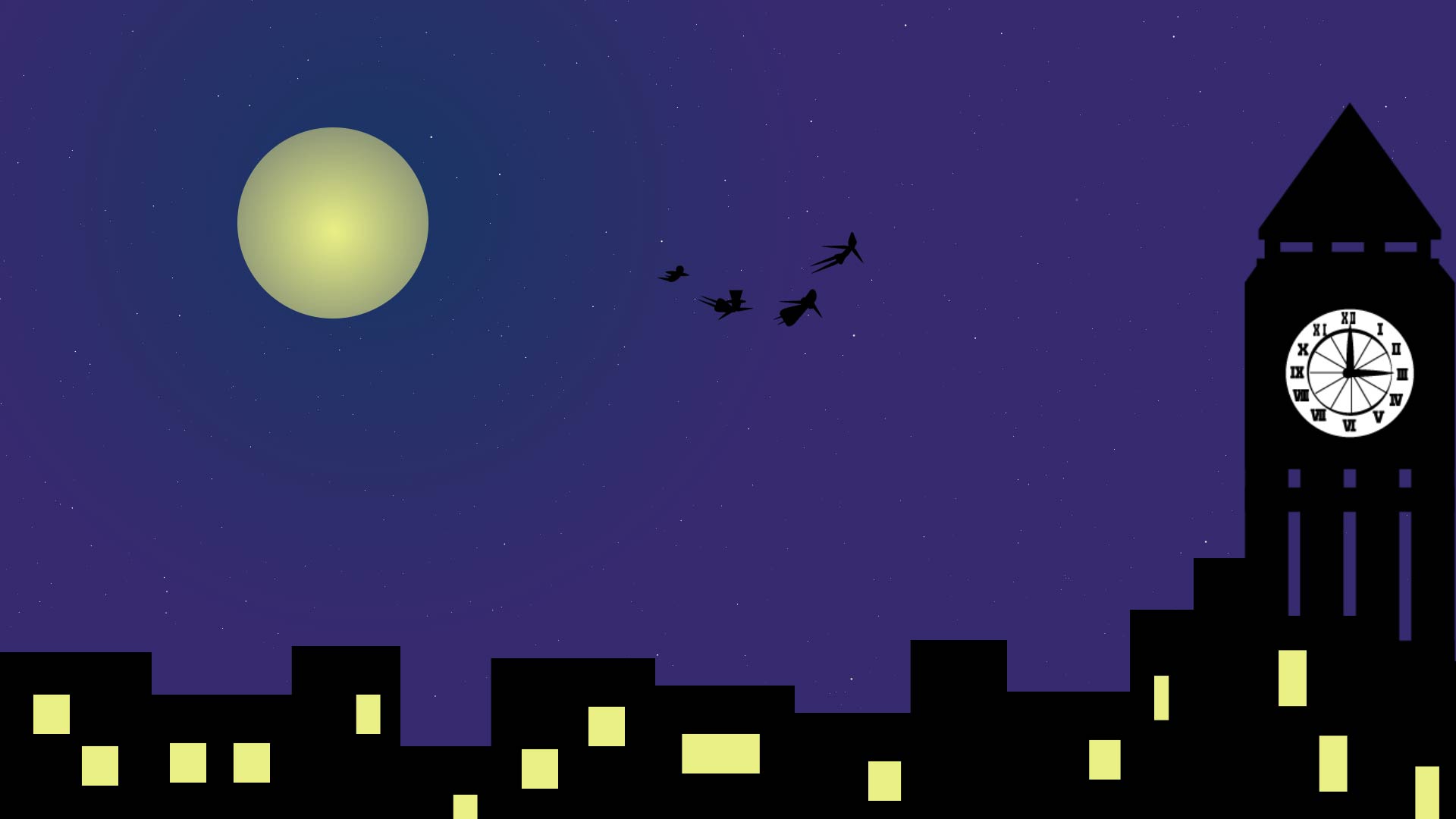 動く背景素材 夜空 風景 時計塔 フリー素材 背景 ピーターパン風 Torihoppe